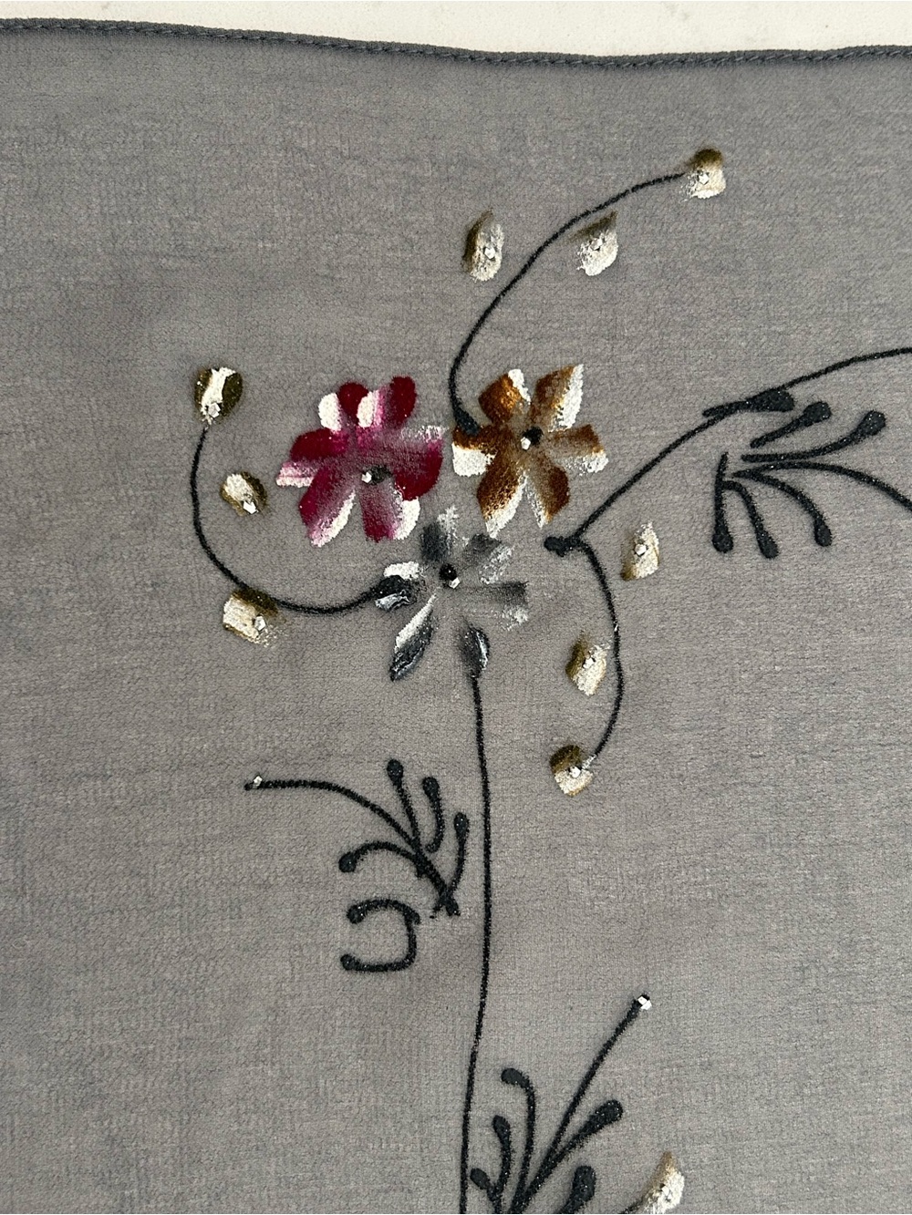 Sheer Gray Handmade Wrap Rayon Viscose With Painted On Flowers